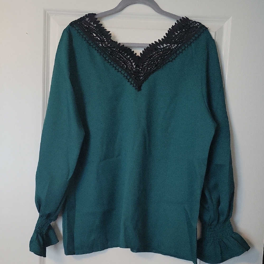 SHEIN Teal Blouse with Black Lace Trim